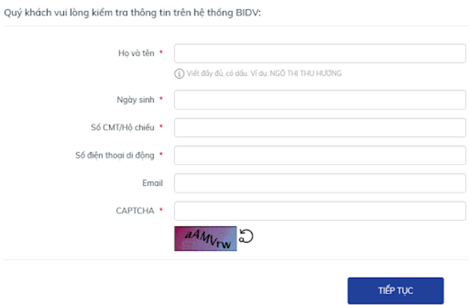Biểu mẫu kiểm tra thông tin khách hàng đăng ký mở tài khoản trực tuyến tại BIDV